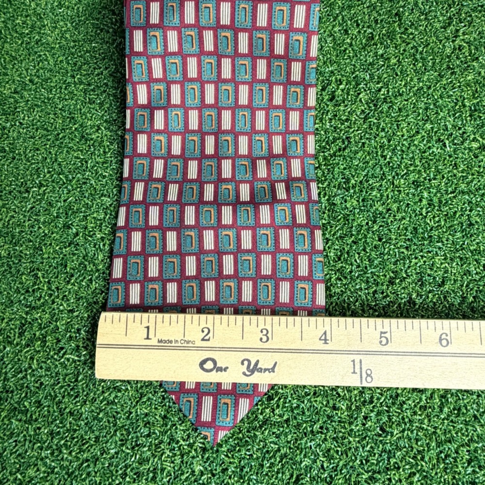 Oscar de la Renta Mens Silk Necktie Burgundy Teal Geometric Couture Collection - Picture 4 of 4